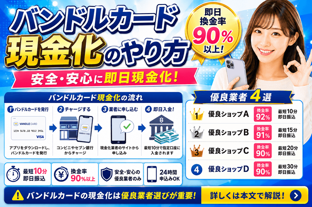バンドルカード現金化のやり方【即日換金率90%以上・優良業者4選】